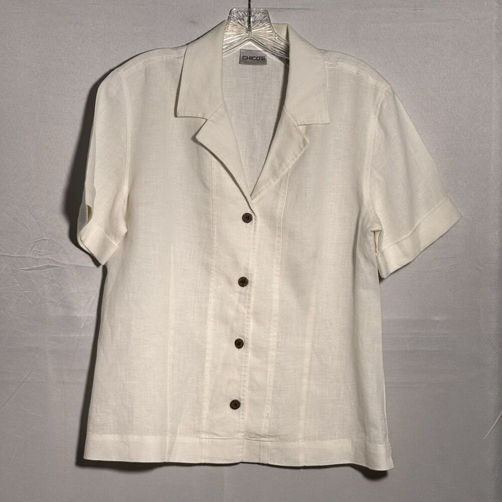 Chico’s 100% Linen White Button Front Blouse Size 1 Short Sleeve Collared Shirt